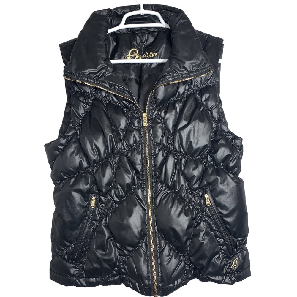 Guess Down Feathers Puffer Vest Black Quilted Puffer Zipper Pockets Size Large